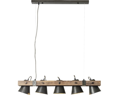 Závěsné svítidlo s dřevěným nosníkem a pěti stínidly