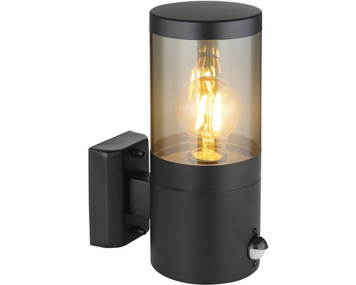 Černé venkovní nástěnné svítidlo s pohybovým senzorem a průhledným stínidlem