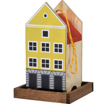 Krmítko pro ptáky v designu domu se žlutým štítem a dřevěným rámem