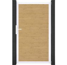 Zahradní branka s dřevěným efektem a bílým rámem