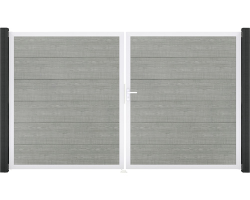 Dvoukřídlá brána z hliníku s dřevěným vzhledem