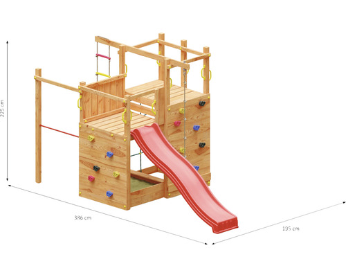 Dřevěná herní věž se skluzavkou, lezeckou stěnou a pískovištěm o rozměrech 386 cm x 195 cm a výšce 225 cm