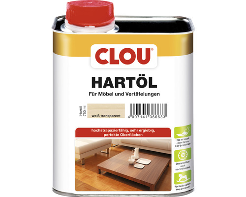 Olej na dřevo Clou Hartöl tvrdý bílý 0,75 l ekologicky šetrné Clou tvrdý olej 750 ml plechovka na nábytek a obložení