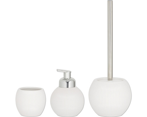 Keramická koupelnová sada sestávající z dávkovače mýdla, kelímku a WC kartáče