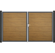 Dvoukřídlá brána s výplní s efektem dřeva a antracitovým rámem