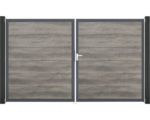 Dvoukřídlá brána z hliníku s dřevěným vzhledem