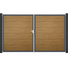 Dvoukřídlá brána s vodorovným dřevěným lamelovým a kovovým rámem