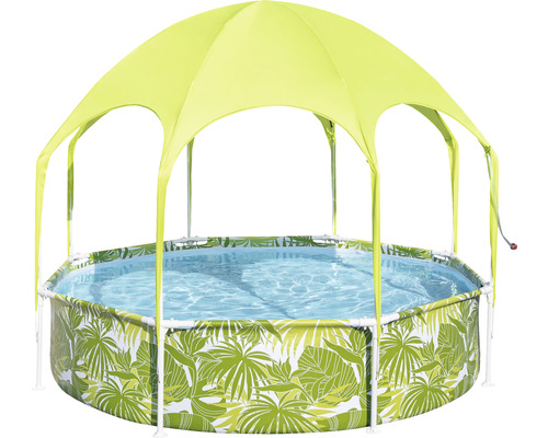 Kulatý bazén s motivem listů a sluneční ochranou