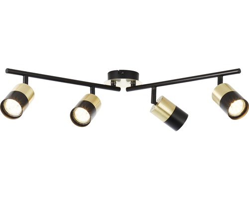 Stropní svítidlo se čtyřmi reflektory v černé a zlaté barvě