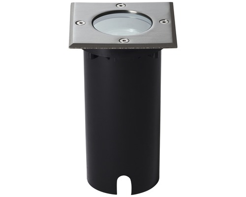 Zápustné bodové svítidlo se čtvercovým nerezovým rámem a válcovým pouzdrem