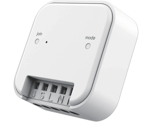 Bílý spínač chytré domácnosti s nápisy pro připojení a režim