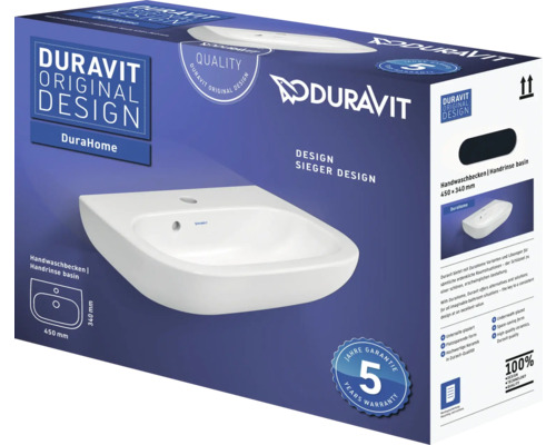 Balení umyvadla Duravit DuraHome o rozměrech 450 x 340 mm s pětiletou zárukou