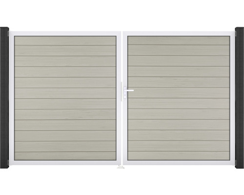 Dvoukřídlá brána s vodorovnými lamelami a bílým rámem