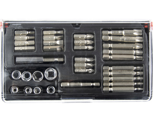 Sada bitů s různými šroubovacími bity a nástrčnými klíči v úložném boxu