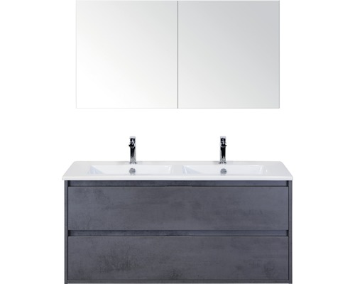 Koupelnový nábytkový set Sanox Porto barva čela beton antracitově šedá ŠxVxH 121 x 170 x 51 cm s keramickým dvojitým umyvadlem a zrcadlovou skříňkou