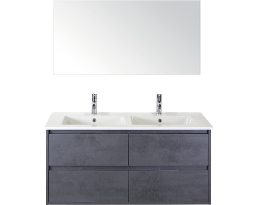 Koupelnový nábytkový set Sanox Porto barva čela beton antracitově šedá ŠxVxH 121 x 170 x 51 cm s keramickým dvojitým umyvadlem a zrcadlem