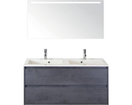 Koupelnový nábytkový set Sanox Porto barva čela beton antracitově šedá ŠxVxH 121 x 170 x 51 cm s dvojitým umyvadlem z minerální litiny a zrcadlem s LED osvětlením