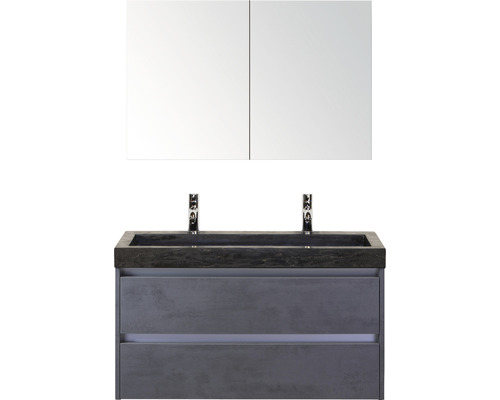 Koupelnový nábytkový set Dante 100 cm s umyvadlem z přírodního kamene 2 otvory na kohouty a zrcadlovou skříňkou beton antracitově šedá