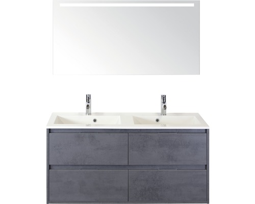 Koupelnový nábytkový set Sanox Porto barva čela beton antracitově šedá ŠxVxH 121 x 170 x 51 cm s dvojitým umyvadlem z minerální litiny a zrcadlem s LED osvětlením
