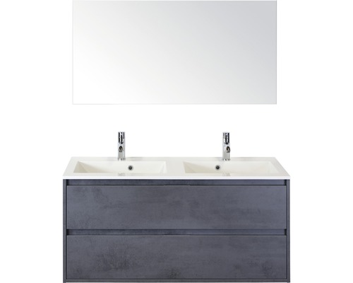 Koupelnový nábytkový set Sanox Porto barva čela beton antracitově šedá ŠxVxH 121 x 170 x 51 cm s dvojitým umyvadlem z minerální litiny a zrcadlem