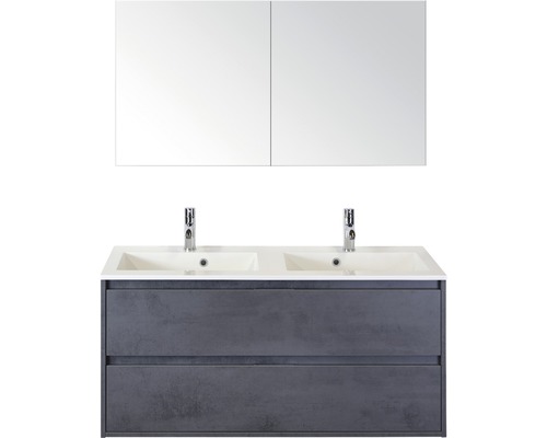 Koupelnový nábytkový set Sanox Porto barva čela beton antracitově šedá ŠxVxH 121 x 170 x 51 cm s dvojitým umyvadlem z minerální litiny a zrcadlovou skříňkou