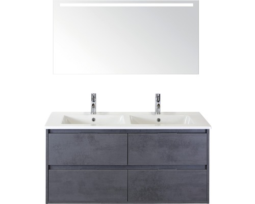 Koupelnový nábytkový set Sanox Porto barva čela beton antracitově šedá ŠxVxH 121 x 170 x 51 cm s keramickým dvojitým umyvadlem a zrcadlem s LED osvětlením