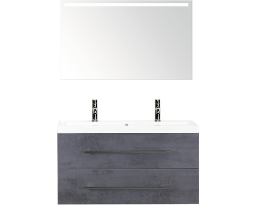 Koupelnový nábytkový set Sanox Straight barva čela beton antracitově šedá ŠxVxH 100 x 170 x 40 cm s dvojitým umyvadlem z minerální litiny a zrcadlem s LED osvětlením