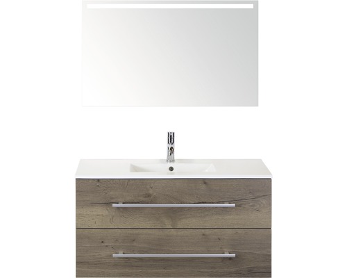 Koupelnový nábytkový set Sanox Stretto barva čela tabacco ŠxVxH 101 x 170 x 39 cm s keramickým umyvadlem a zrcadlem s LED osvětlením