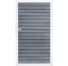 Zahradní branka s výplní se vzhledem dřeva a bílým rámem