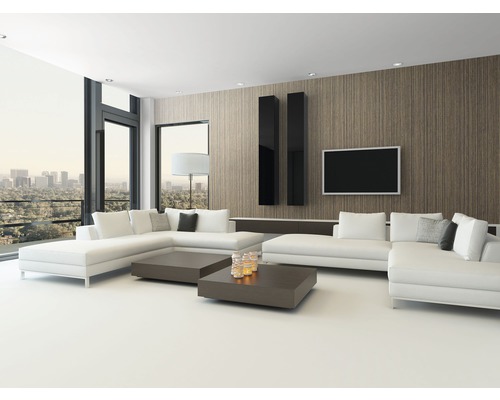 Světlý obývací pokoj s rohovou sedačkou, konferenčním stolkem a televizí