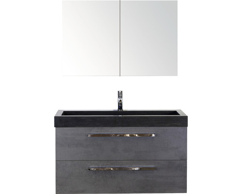 Koupelnový nábytkový set Seville 100 cm s umyvadlem z přírodního kamene a zrcadlovou skříňkou beton antracitově šedá