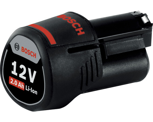 Logo Bosch. 12 voltová 2,0 ampérhodinová lithium-iontová baterie.