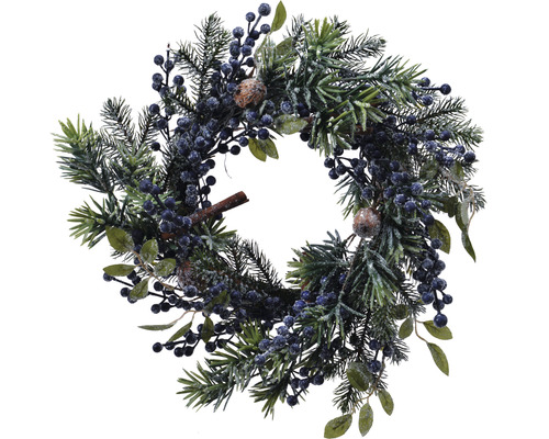 Vánoční věnec s modrými bobulemi Ø 40 cm ojíněný