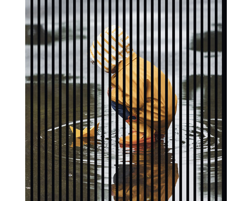 Designový akustický panel DIGI03J 19x1133x1195 mm Dítě v žlutém plášti a papírová loďka v kaluži