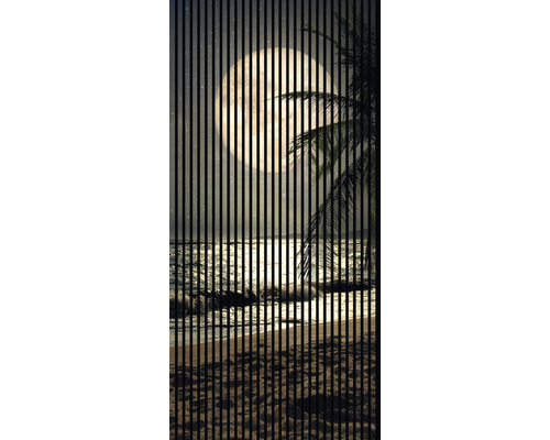 Designový akustický panel DIGI01Q 19x1133x2400 mm Pláž za měsíčního svitu s palmou viděná skrz lamely