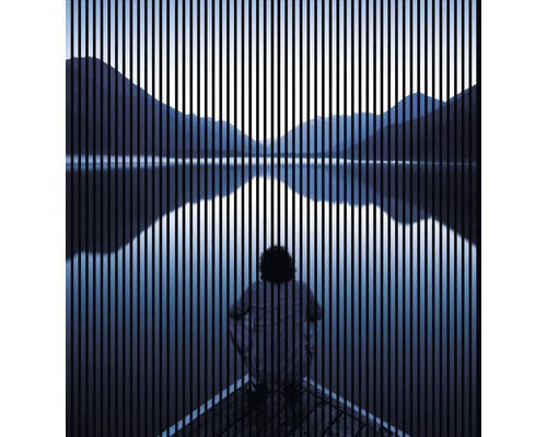 Designový akustický panel DIGI01A 19x2253x2400 mm Osoba sedí na dřevěném molu s výhledem na jezero a hory za svislými liniemi