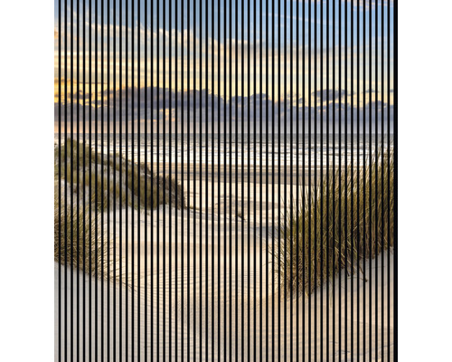 Designový akustický panel DIGI01G 19x2253x2400 mm Dekorativní pohled na pláž s trávou před mořem, proložený svislými pruhy.