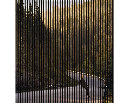 Designový akustický panel DIGI03F 19x2253x2400 mm Dekorativní mřížka před krajinou s silnicí a osobou na skateboardu