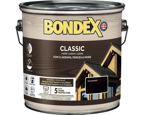 Syntetická tenkovrstvá lazura Bondex CLASSIC palisandr 2,5 l Bondex Classic lazura na dřevo palisandr v kovovém kbelíku na fasády a ploty