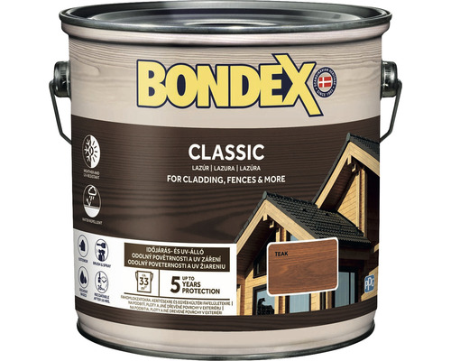 Syntetická tenkovrstvá lazura Bondex CLASSIC teak 2,5 l Bondex Classic lazura na dřevo, barva teak, vhodná pro obklady a ploty