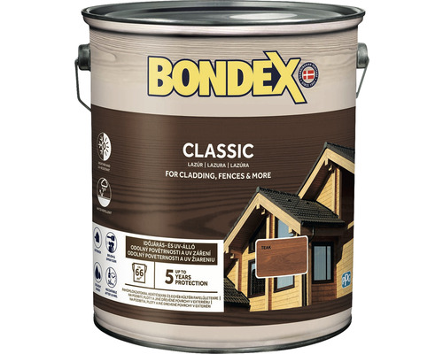 Syntetická tenkovrstvá lazura Bondex CLASSIC teak 5 l Bondex Classic lazura na dřevo pro fasády a ploty, barva teak