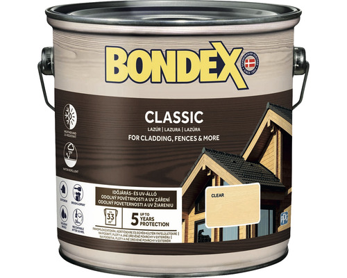 Syntetická tenkovrstvá lazura Bondex CLASSIC čirá 2,5 l Bondex Classic lazura na dřevo pro fasády, ploty a další v kbelíku