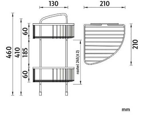 Technický nákres koupelnové police s rozměry