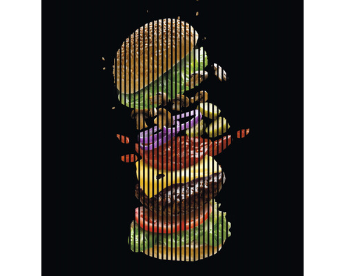 Designový akustický panel DIGI02D 19x2253x2400 mm Ilustrace hamburgeru s přísadami, jako je salát, rajčata, sýr, cibule a houby