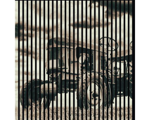 Designový akustický panel DIGI02O 19x1133x1195 mm Černobílá fotografie traktoru za svislými pruhy