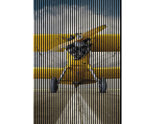 Designový akustický panel DIGI02I 19x1693x2400 mm Žluté letadlo s vrtulí a koly viděné mřížkou