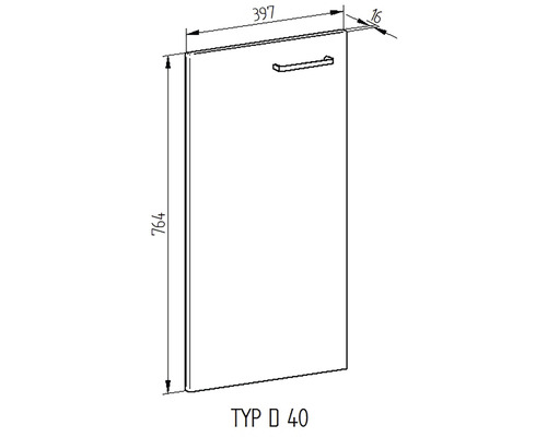 Technický nákres skříňových dveří s rukojetí a rozměry 764 x 397 x 16 mm.