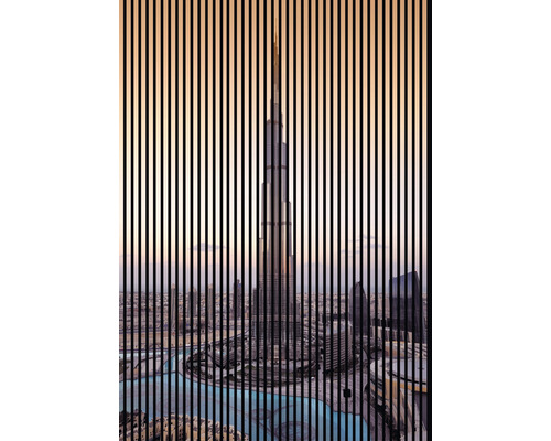 Designový akustický panel DIGI03C 19x1693x2400 mm Ilustrace mrakodrapu Burdž Chalífa za svislými liniemi