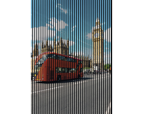 Designový akustický panel DIGI03E 19x1693x2400 mm Ilustrace Londýna s patrovým autobusem a Big Benem za svislými pruhy
