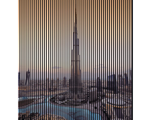 Designový akustický panel DIGI03C 19x2253x2400 mm Pohled na mrakodrap Burdž Chalífa v Dubaji za svislými liniemi